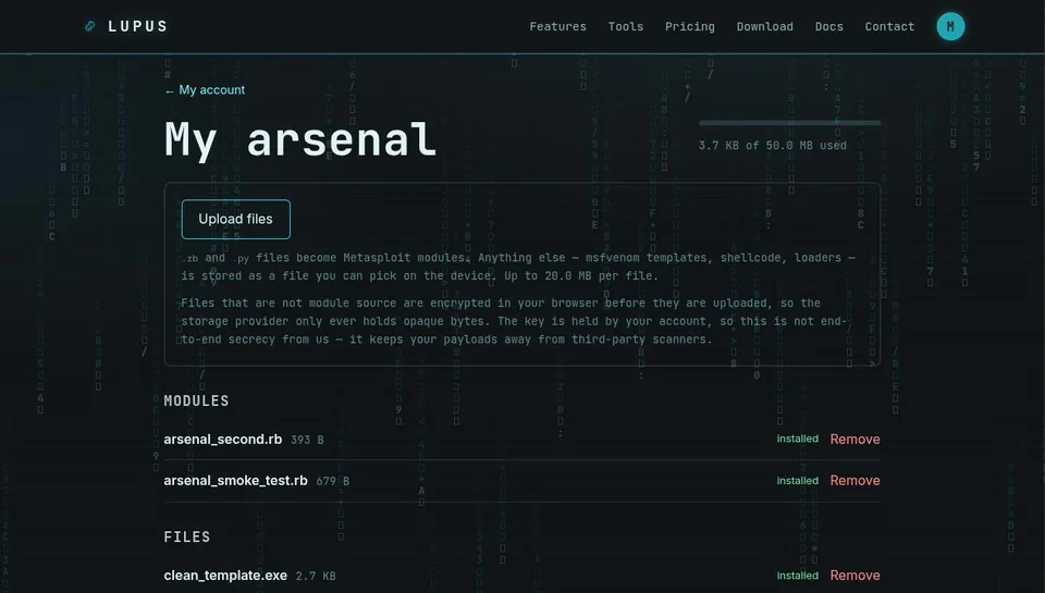 The arsenal page listing custom modules and a payload file, each with the result the device reported