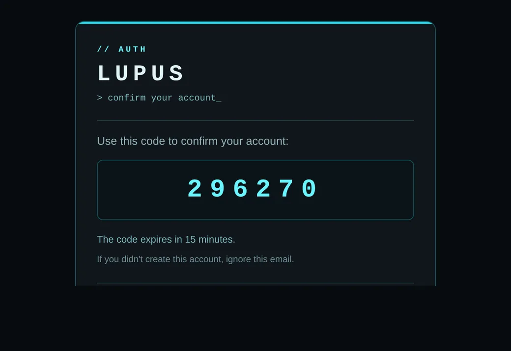 Confirmation email with 6-digit code