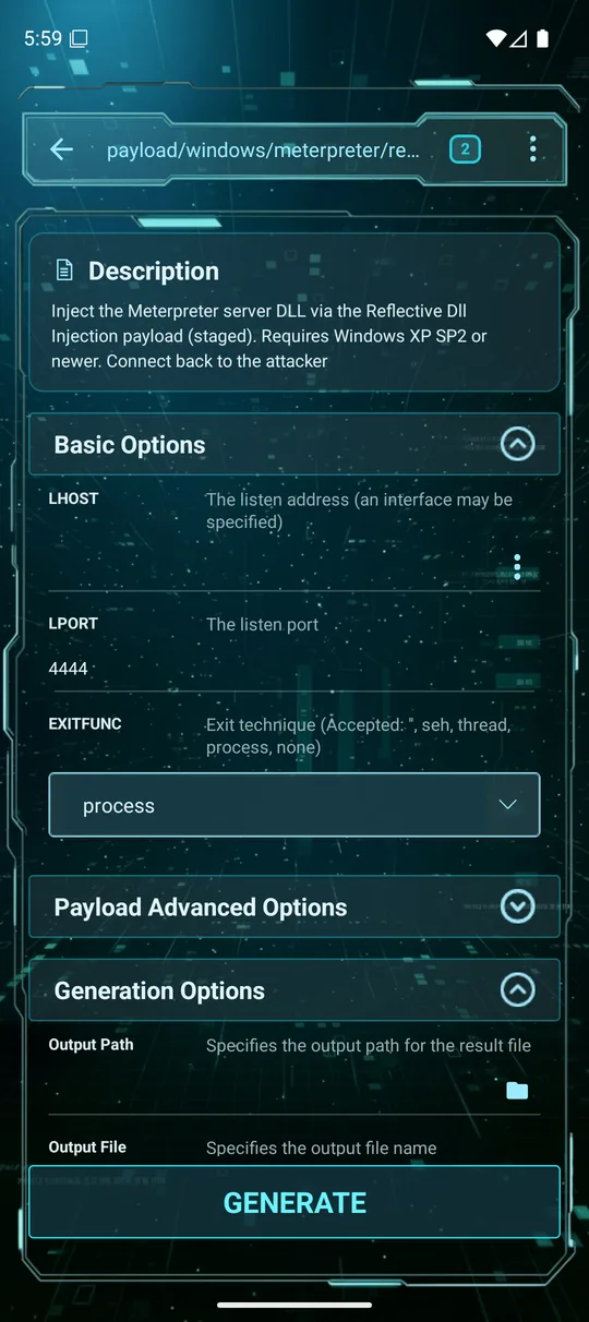 Msfvenom generation options