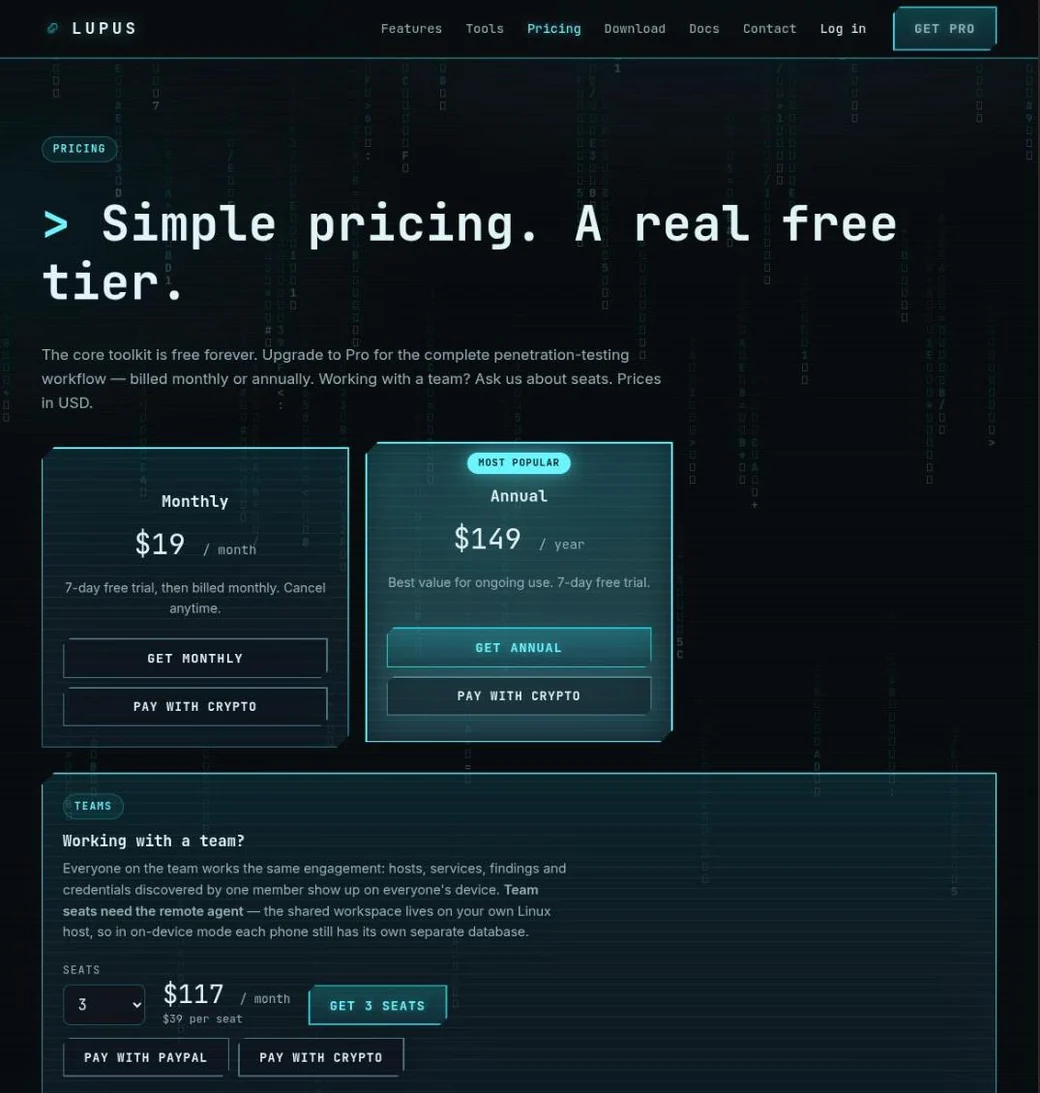 Lupus pricing page with plans and payment options