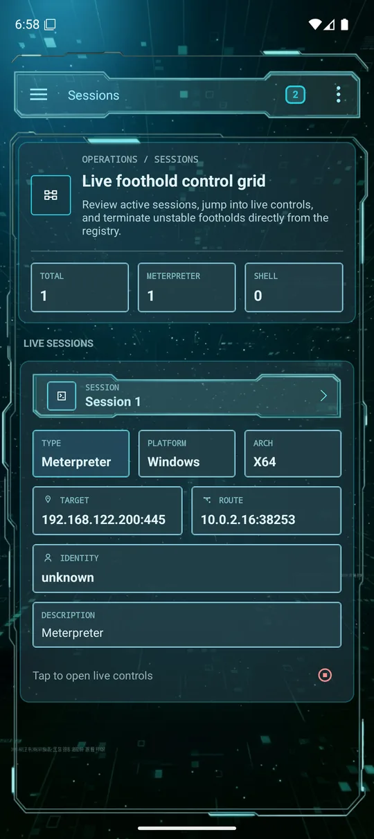 Sessions control grid with a live Meterpreter session